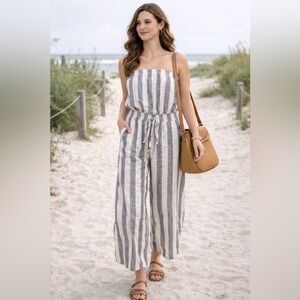 Toxik3 Strapless Linen Blend Jumpsuit M Blue White Striped Boho Summer Nautical